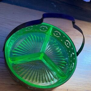 Vintage Green Uranium Vaseline Glass 3 Section Relish Dish w/Carrier 6 1/2”